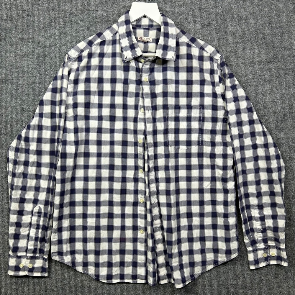 Merona Shirt Men's Blue White Gingham Plaid Long Sleeve Button Down - Large